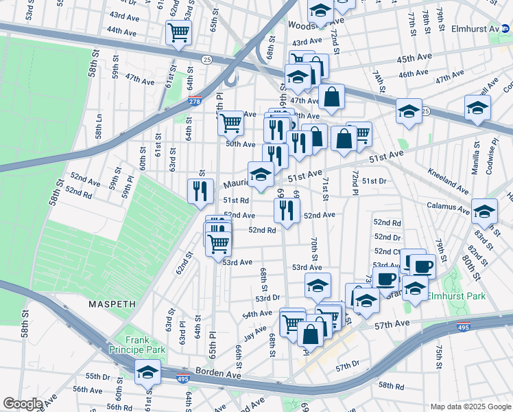 map of restaurants, bars, coffee shops, grocery stores, and more near 67-08 51st Road in Queens