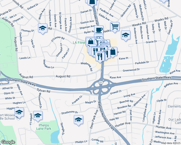 map of restaurants, bars, coffee shops, grocery stores, and more near 1225 August Road in North Babylon