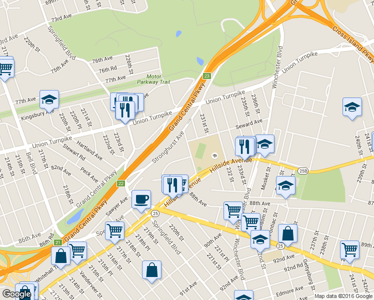 map of restaurants, bars, coffee shops, grocery stores, and more near 82-36 229th Street in Queens