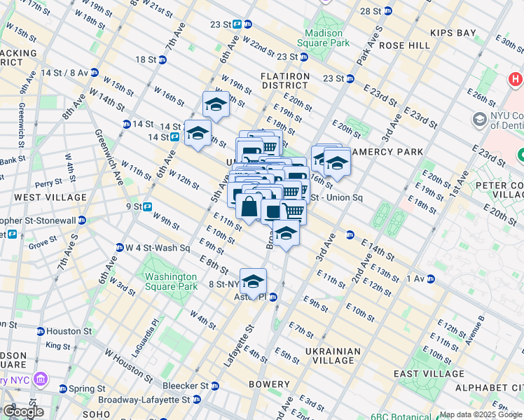 map of restaurants, bars, coffee shops, grocery stores, and more near 52 East 13th Street in New York