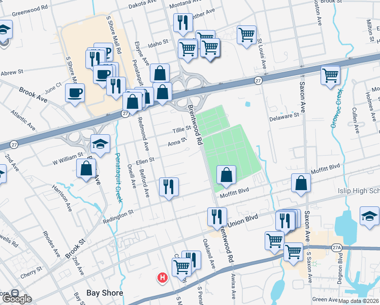 map of restaurants, bars, coffee shops, grocery stores, and more near 156 4th Avenue in Bay Shore
