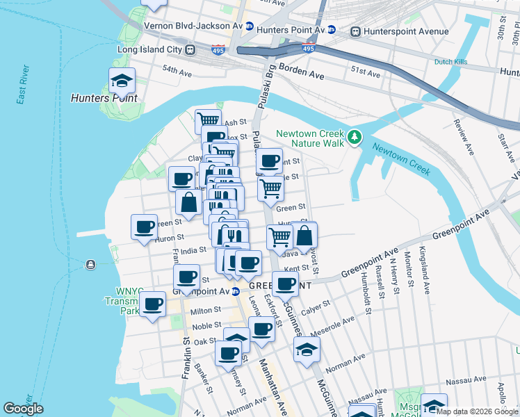 map of restaurants, bars, coffee shops, grocery stores, and more near 207 Green Street in Brooklyn