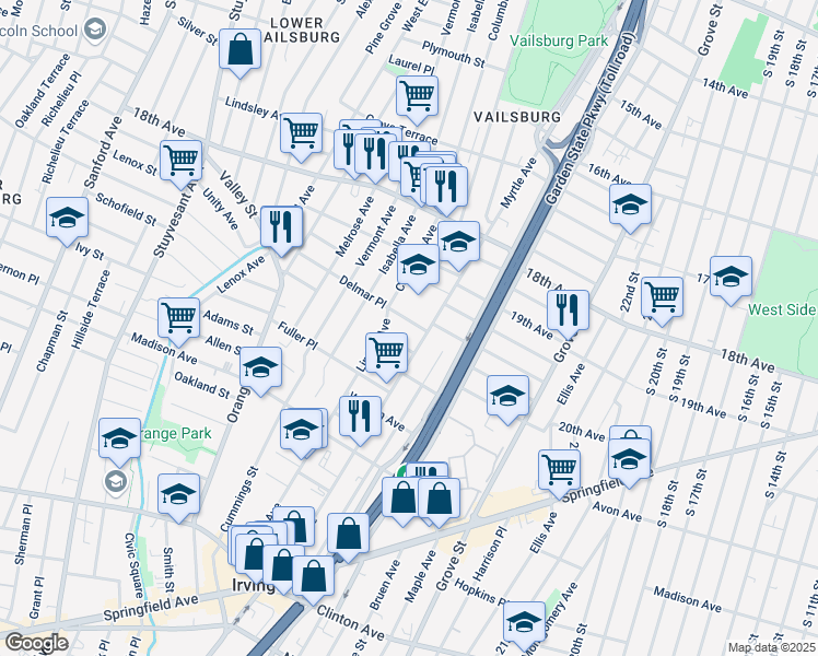 map of restaurants, bars, coffee shops, grocery stores, and more near 47 Delmar Pl in Irvington