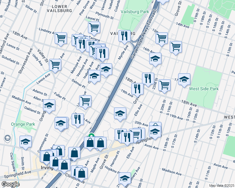 map of restaurants, bars, coffee shops, grocery stores, and more near 288 Eastern Parkway in Irvington