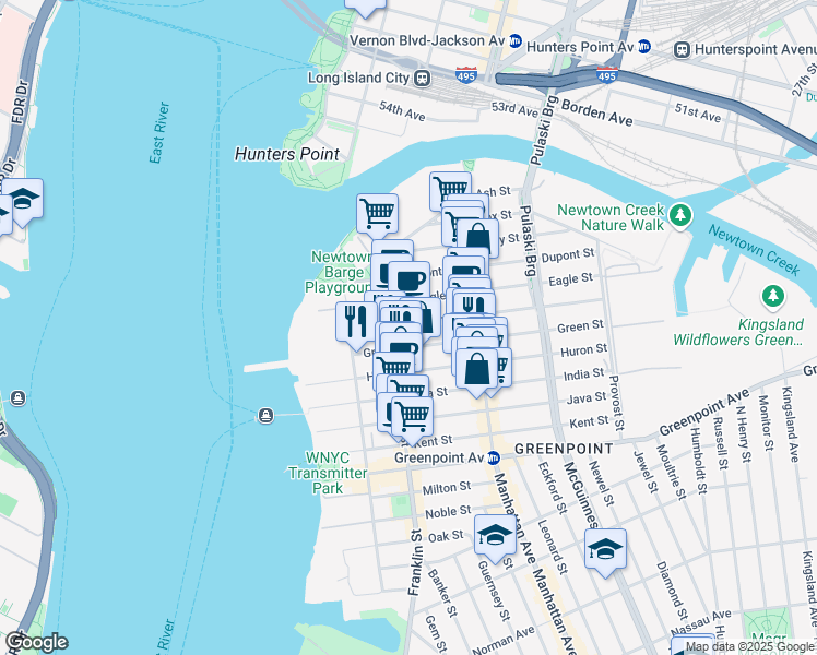map of restaurants, bars, coffee shops, grocery stores, and more near 100 Freeman Street in Brooklyn