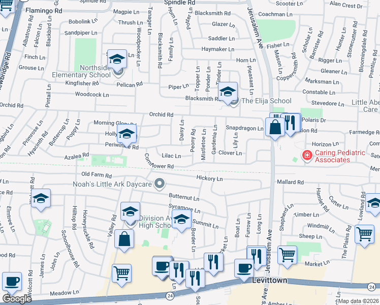 map of restaurants, bars, coffee shops, grocery stores, and more near 14 Peony Road in Levittown