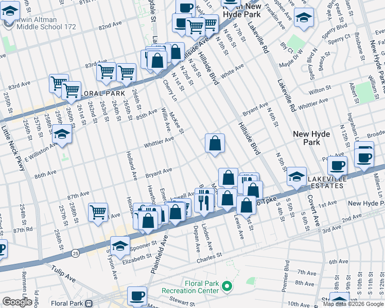 map of restaurants, bars, coffee shops, grocery stores, and more near 128 McKee Street in Floral Park