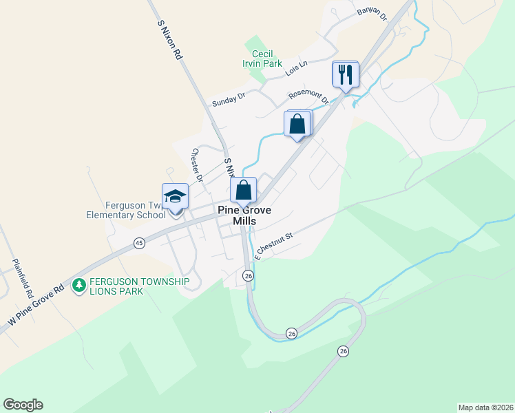 map of restaurants, bars, coffee shops, grocery stores, and more near 116 Pine Grove Road in Pine Grove Mills