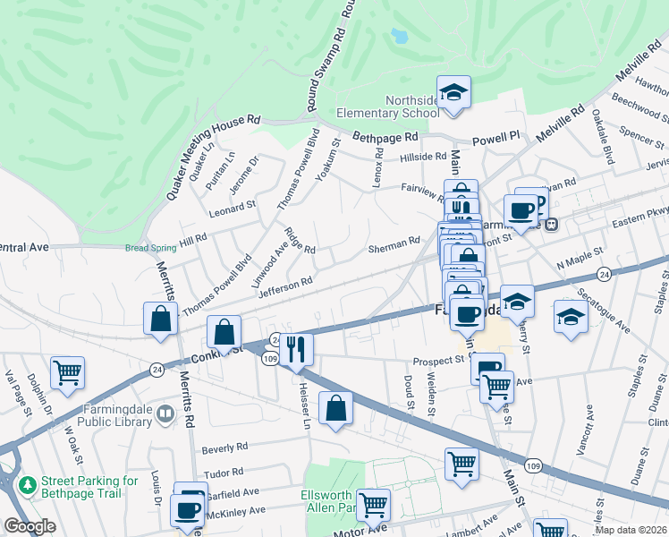 map of restaurants, bars, coffee shops, grocery stores, and more near 52 Jefferson Road in Farmingdale