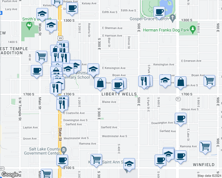 map of restaurants, bars, coffee shops, grocery stores, and more near 358 Logan Avenue in Salt Lake City