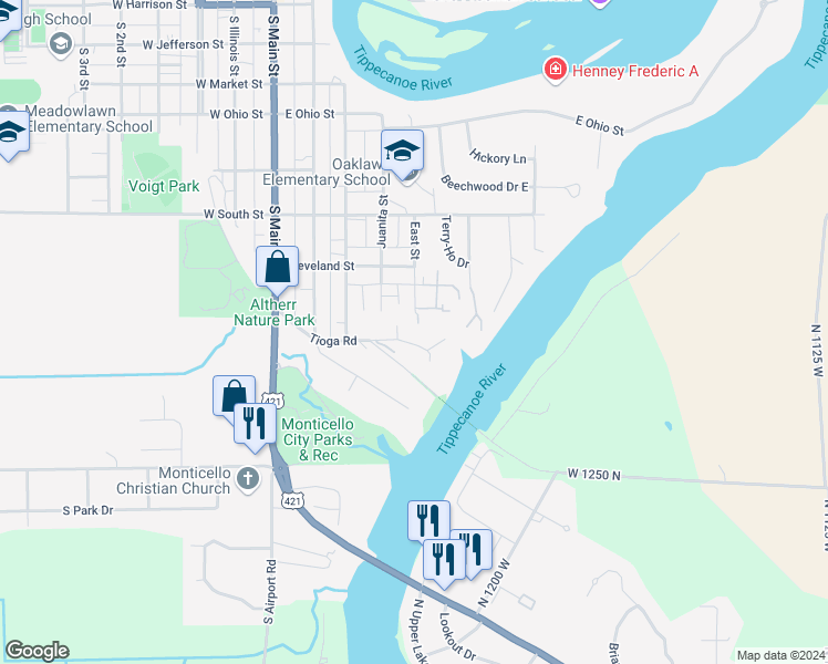 map of restaurants, bars, coffee shops, grocery stores, and more near 410 Tioga Road in Monticello