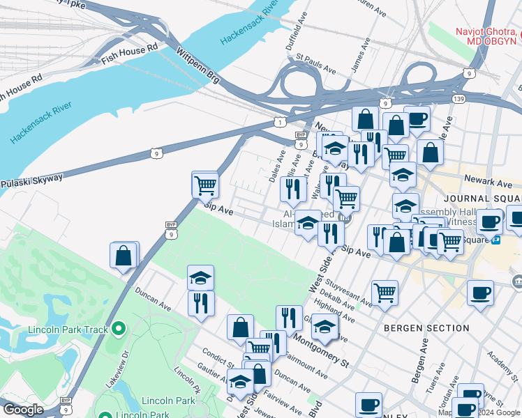 map of restaurants, bars, coffee shops, grocery stores, and more near 35 Emerson Avenue in Jersey City
