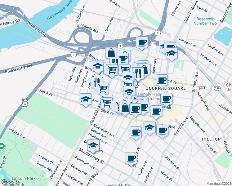 map of restaurants, bars, coffee shops, grocery stores, and more near 893 Pavonia Avenue in Jersey City