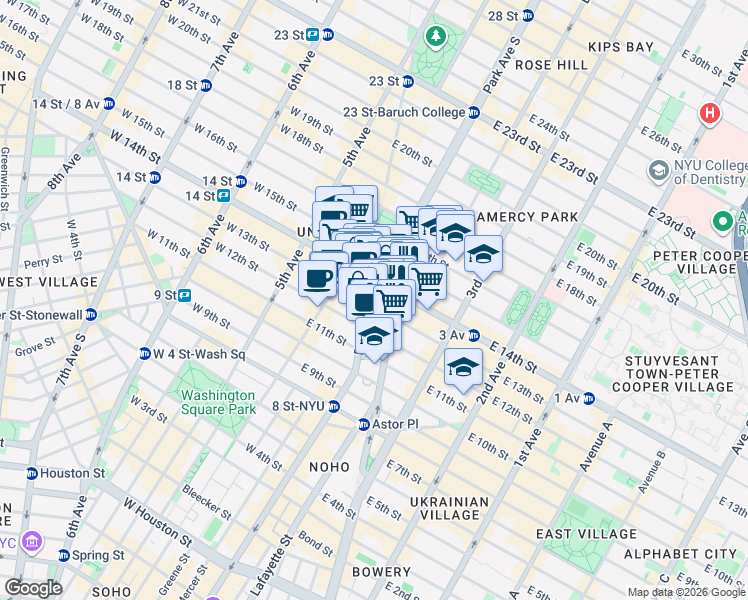 map of restaurants, bars, coffee shops, grocery stores, and more near 850 Broadway in New York