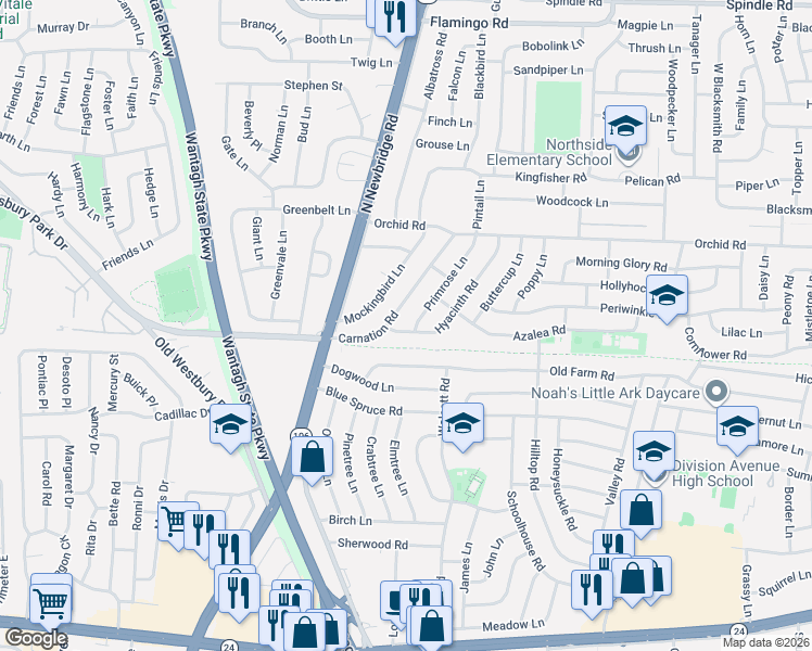 map of restaurants, bars, coffee shops, grocery stores, and more near 10 Hyacinth Road in Levittown