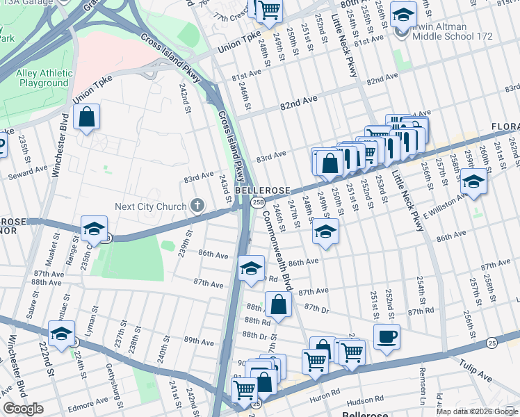 map of restaurants, bars, coffee shops, grocery stores, and more near 84-05 Cross Island Parkway in Queens