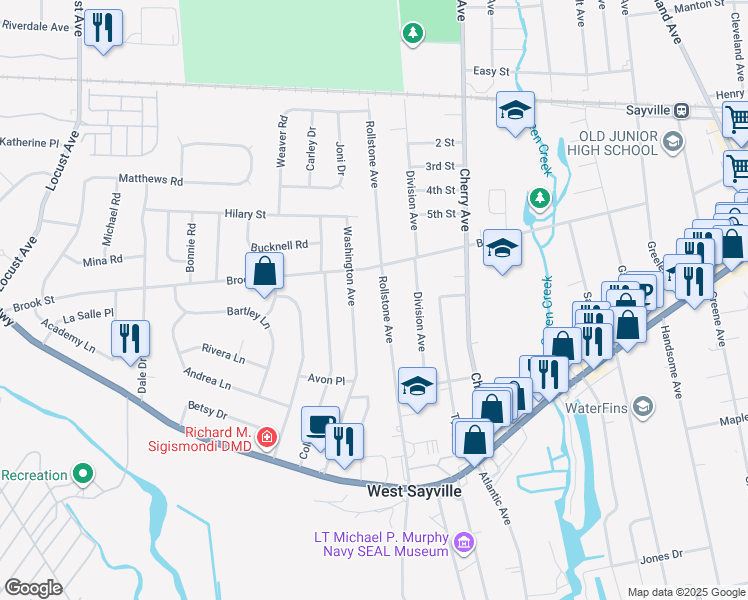 map of restaurants, bars, coffee shops, grocery stores, and more near 100 Rollstone Ave in West Sayville