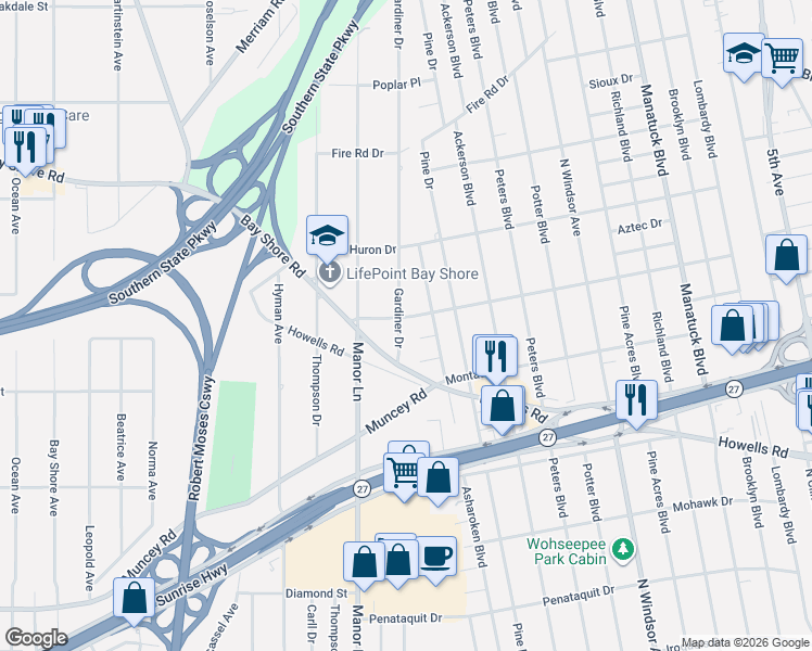 map of restaurants, bars, coffee shops, grocery stores, and more near 1315 Gardiner Drive in Bay Shore