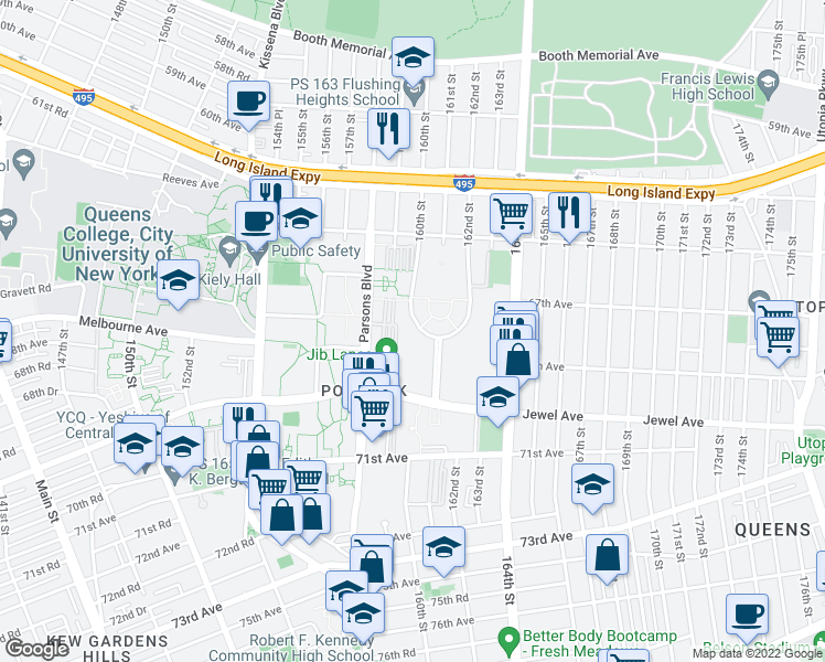 map of restaurants, bars, coffee shops, grocery stores, and more near 65-90 160th Street in Queens