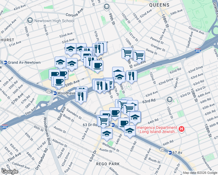 map of restaurants, bars, coffee shops, grocery stores, and more near 250 Horace Harding Expressway in Queens