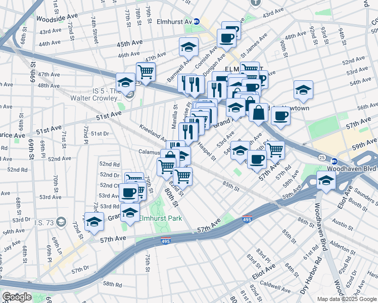 map of restaurants, bars, coffee shops, grocery stores, and more near 84-34 Grand Avenue in Queens