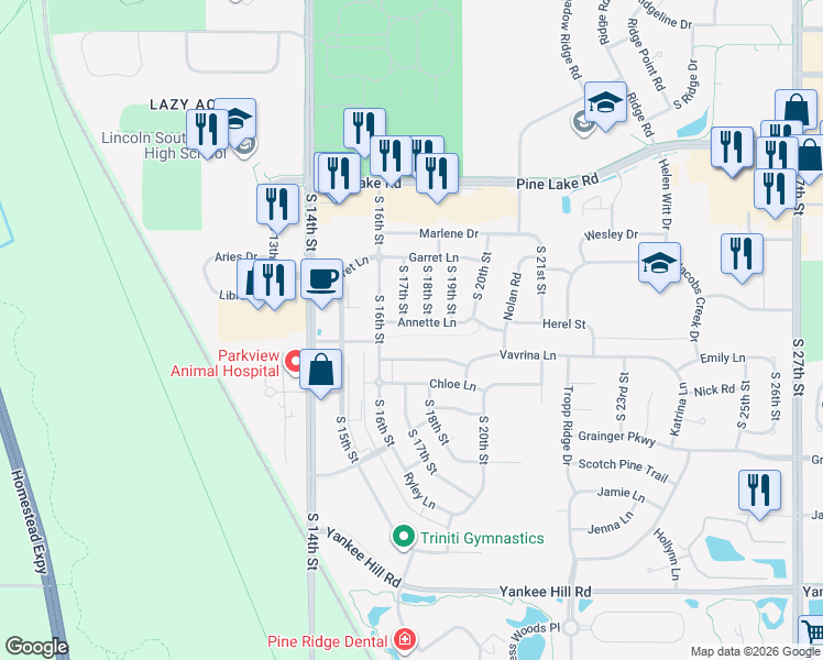 map of restaurants, bars, coffee shops, grocery stores, and more near 1717 Annette Ln in Lincoln