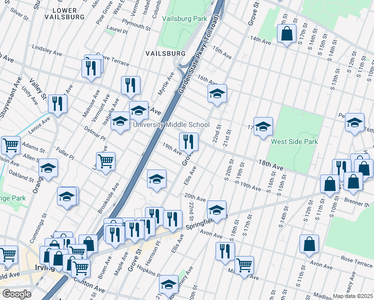 map of restaurants, bars, coffee shops, grocery stores, and more near 697 Grove Street in Irvington