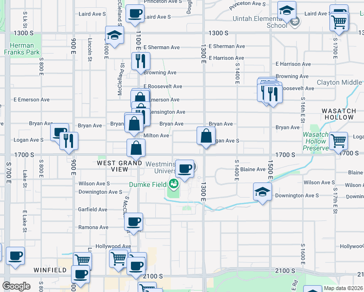 map of restaurants, bars, coffee shops, grocery stores, and more near 1623 South 1200 East in Salt Lake City