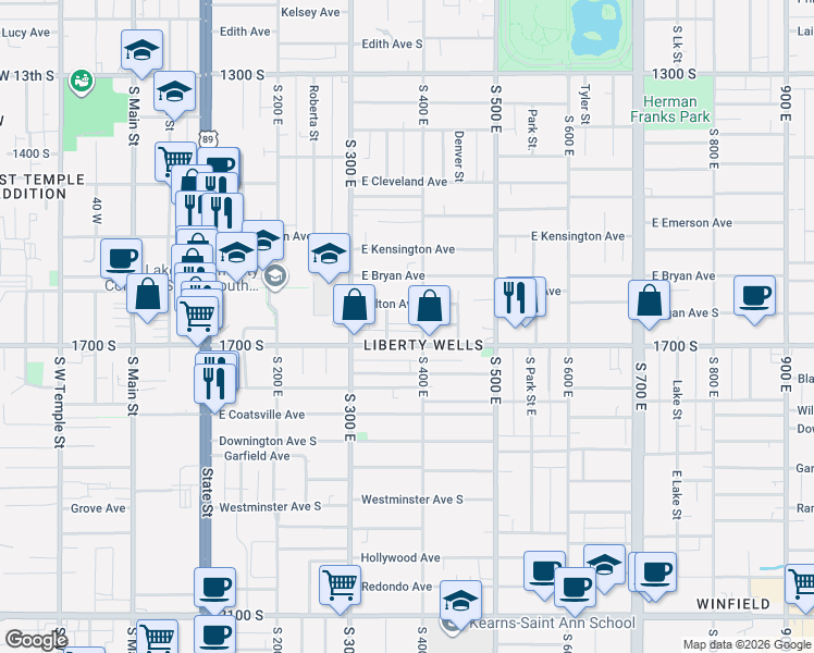 map of restaurants, bars, coffee shops, grocery stores, and more near 1627 Blair Street in Salt Lake City