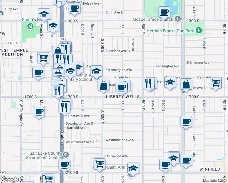 map of restaurants, bars, coffee shops, grocery stores, and more near 1627 Blair Street in Salt Lake City