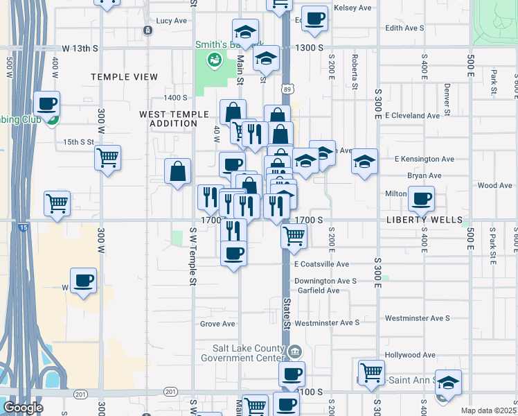 map of restaurants, bars, coffee shops, grocery stores, and more near 1669 Major Street East in Salt Lake City