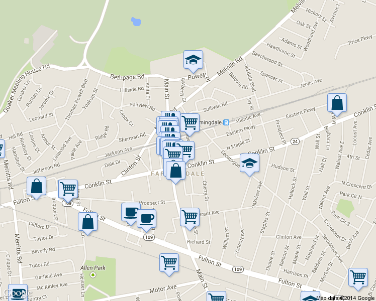 map of restaurants, bars, coffee shops, grocery stores, and more near 129 Elizabeth Street in Farmingdale