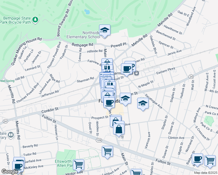 map of restaurants, bars, coffee shops, grocery stores, and more near 217 Main Street in Farmingdale