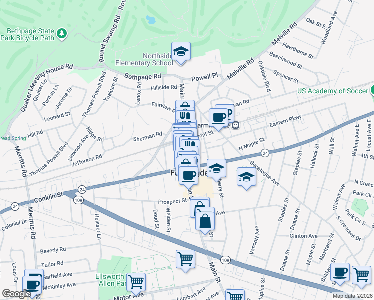 map of restaurants, bars, coffee shops, grocery stores, and more near 217 Main Street in Farmingdale