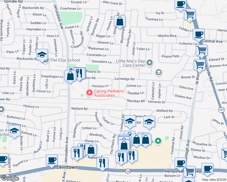 map of restaurants, bars, coffee shops, grocery stores, and more near 105 Constellation Road in Levittown