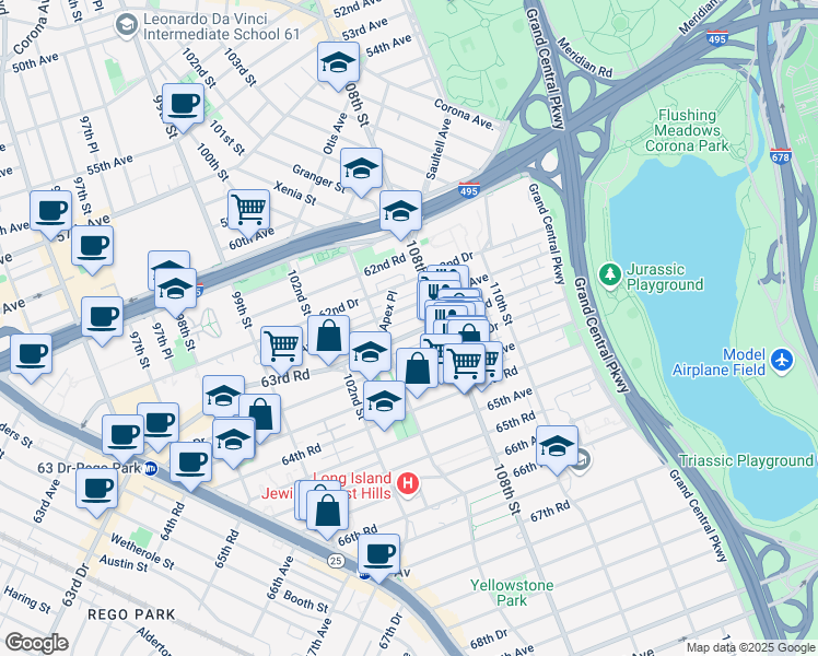map of restaurants, bars, coffee shops, grocery stores, and more near 105-42 63rd Road in Queens