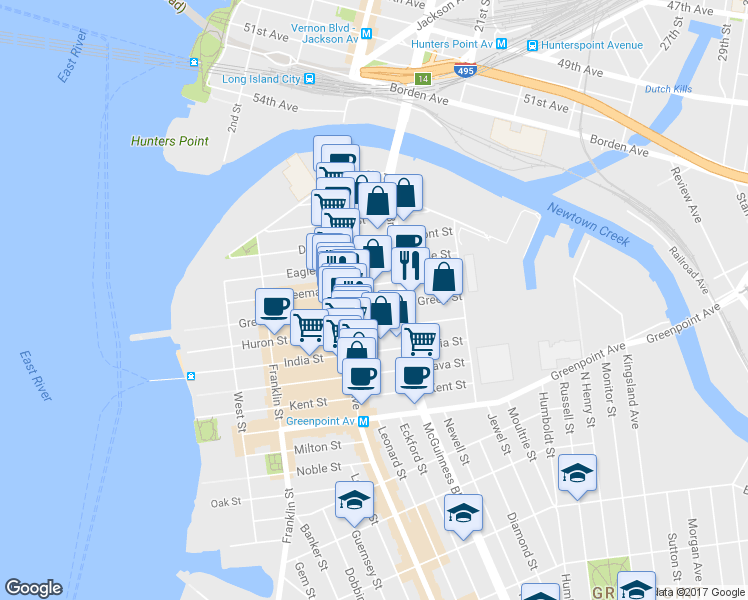 map of restaurants, bars, coffee shops, grocery stores, and more near 207 Green Street in Brooklyn
