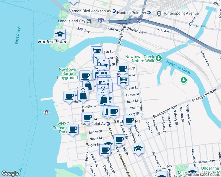 map of restaurants, bars, coffee shops, grocery stores, and more near 1024 Manhattan Avenue in Brooklyn