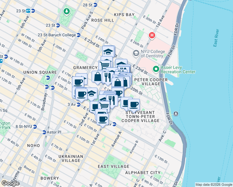map of restaurants, bars, coffee shops, grocery stores, and more near in New York