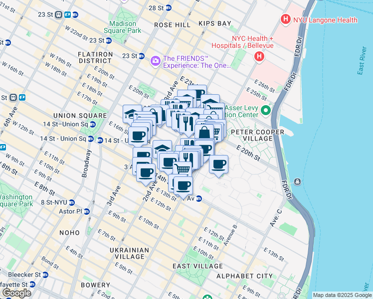 map of restaurants, bars, coffee shops, grocery stores, and more near 320 East 17th Street in New York
