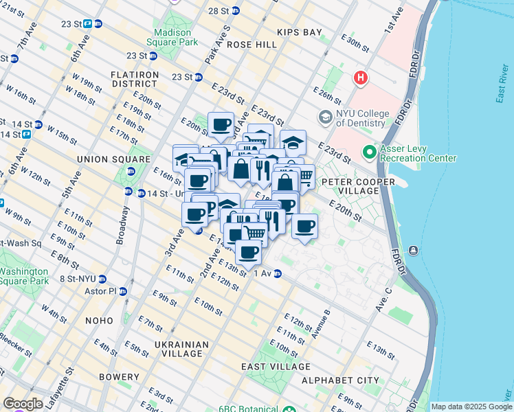 map of restaurants, bars, coffee shops, grocery stores, and more near 320 East 17th Street in New York