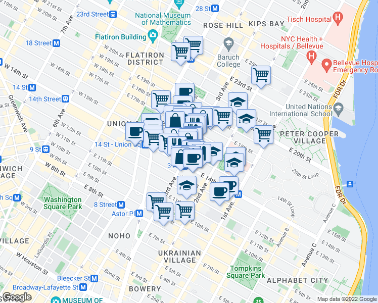 map of restaurants, bars, coffee shops, grocery stores, and more near 207 East 15th Street in New York