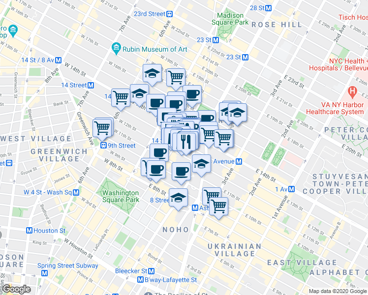map of restaurants, bars, coffee shops, grocery stores, and more near 52 East 13th Street in New York