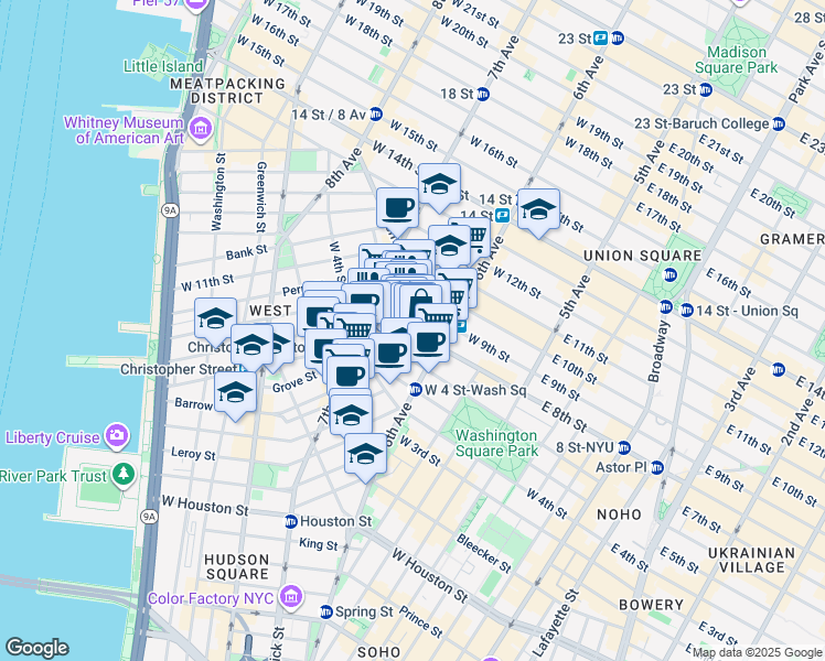 map of restaurants, bars, coffee shops, grocery stores, and more near 169 Waverly Place in New York