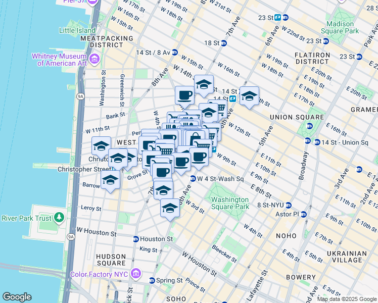 map of restaurants, bars, coffee shops, grocery stores, and more near 169 Waverly Place in New York