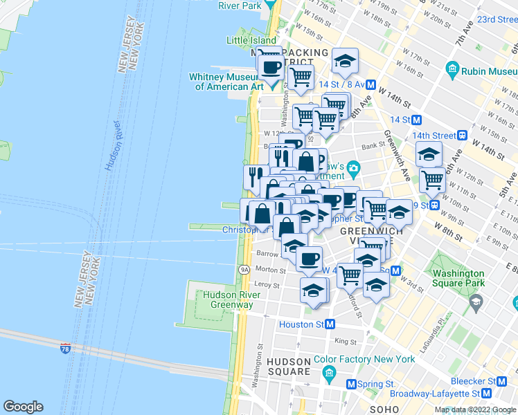 map of restaurants, bars, coffee shops, grocery stores, and more near 410 West Street in New York
