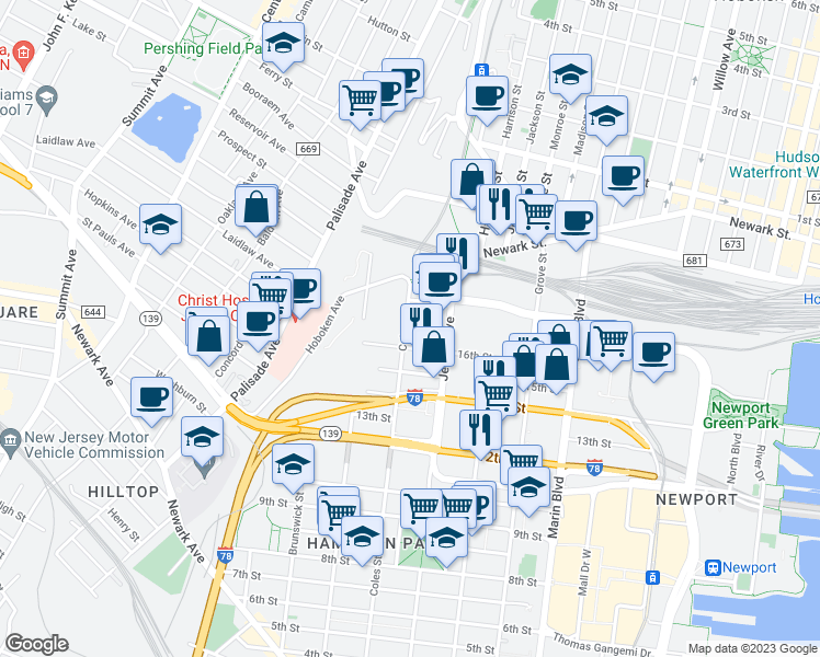 map of restaurants, bars, coffee shops, grocery stores, and more near 289 Coles Street in Jersey City
