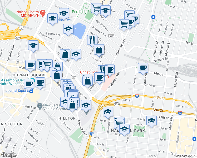 map of restaurants, bars, coffee shops, grocery stores, and more near 22 Saint Pauls Avenue in Jersey City