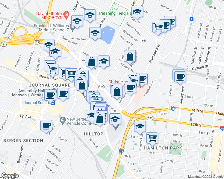 map of restaurants, bars, coffee shops, grocery stores, and more near 46 Fleet Street in Jersey City