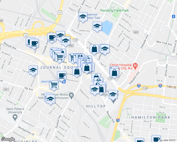 map of restaurants, bars, coffee shops, grocery stores, and more near 634 Newark Avenue in Jersey City